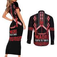 Toitu Te Tiriti Waitangi Couples Matching Short Sleeve Bodycon Dress and Long Sleeve Button Shirt Black Wharenui House LT9 - Polynesian Pride