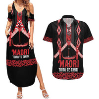 Toitu Te Tiriti Waitangi Couples Matching Summer Maxi Dress and Hawaiian Shirt Black Wharenui House LT9 Black - Polynesian Pride