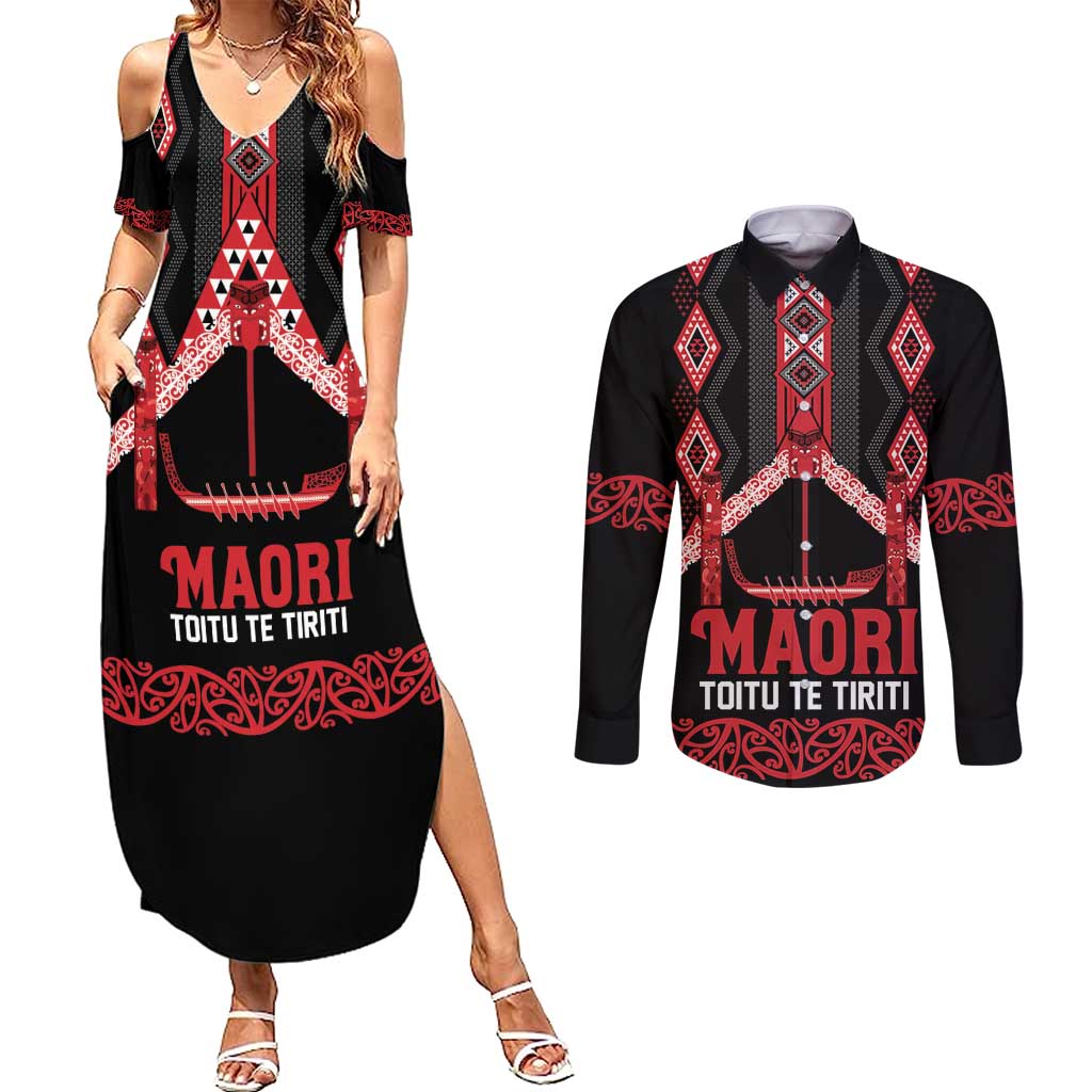 Toitu Te Tiriti Waitangi Couples Matching Summer Maxi Dress and Long Sleeve Button Shirt Black Wharenui House LT9 Black - Polynesian Pride