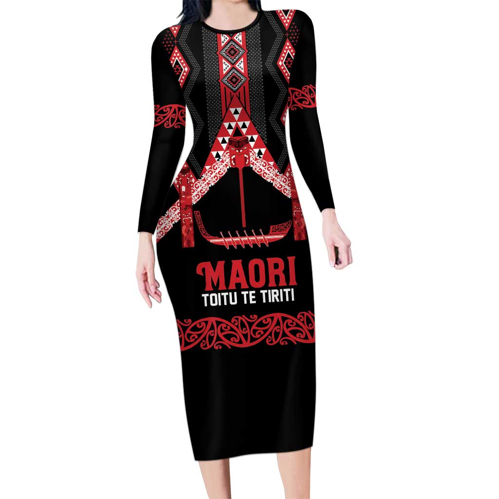 Toitu Te Tiriti Waitangi Family Matching Long Sleeve Bodycon Dress and Hawaiian Shirt Black Wharenui House LT9 Mom's Dress Black - Polynesian Pride