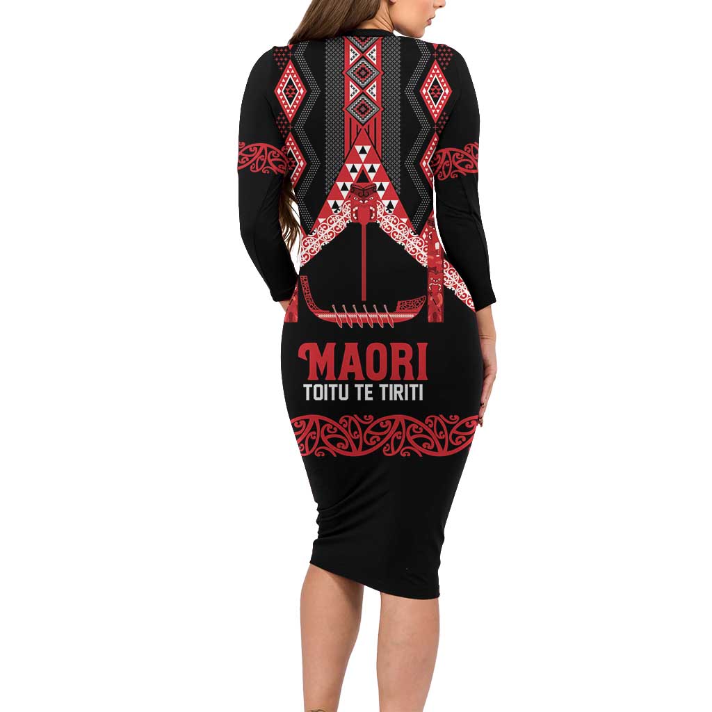 Toitu Te Tiriti Waitangi Family Matching Long Sleeve Bodycon Dress and Hawaiian Shirt Black Wharenui House LT9 - Polynesian Pride