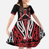 Toitu Te Tiriti Waitangi Family Matching Off The Shoulder Long Sleeve Dress and Hawaiian Shirt Black Wharenui House LT9 Daughter's Dress Black - Polynesian Pride