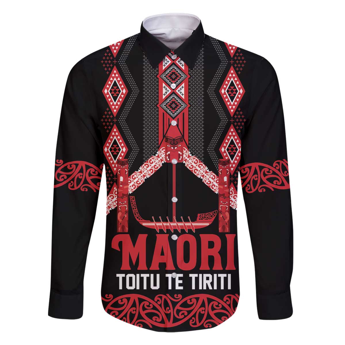 Toitu Te Tiriti Waitangi Family Matching Off The Shoulder Long Sleeve Dress and Hawaiian Shirt Black Wharenui House LT9 Dad's Shirt - Long Sleeve Black - Polynesian Pride