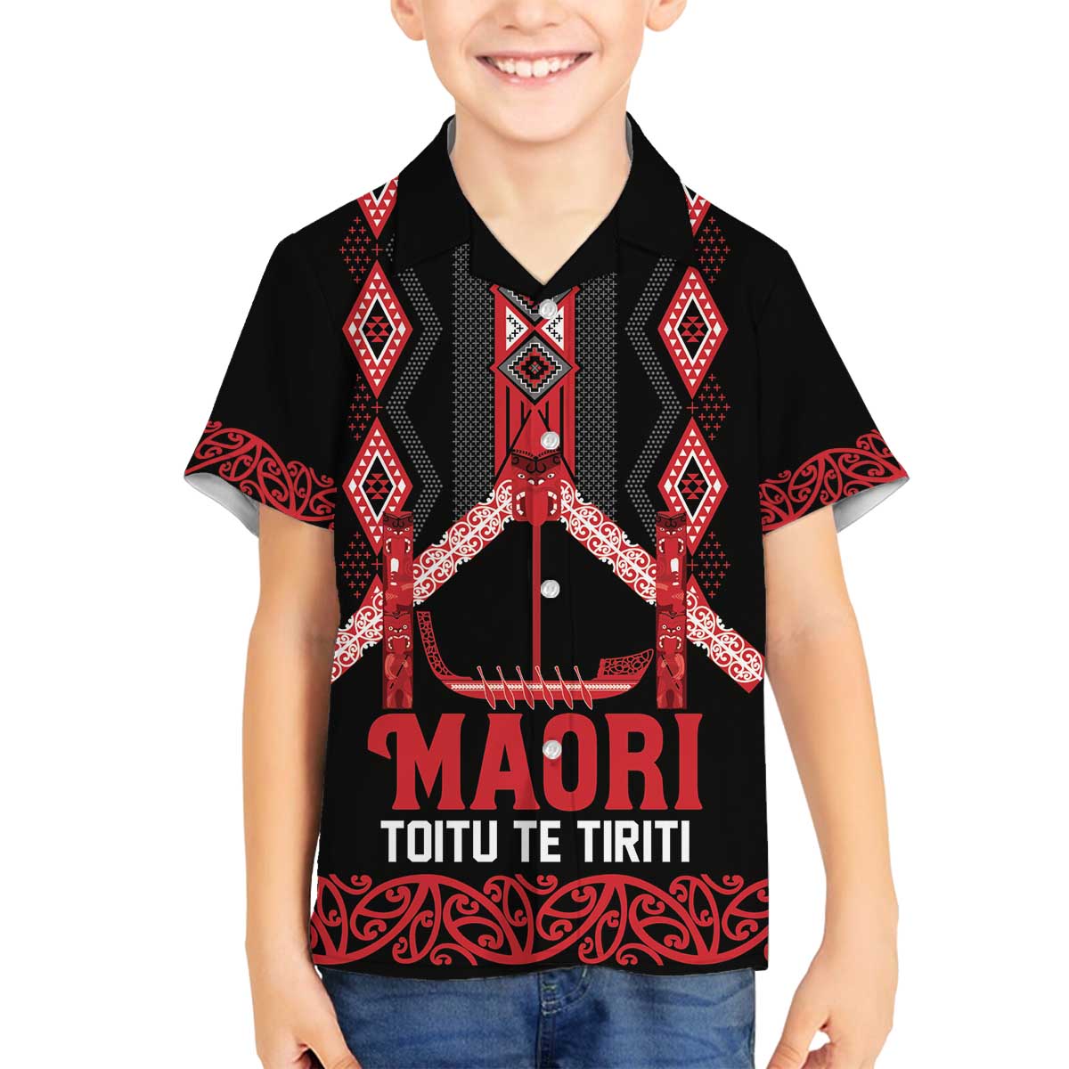 Toitu Te Tiriti Waitangi Family Matching Off The Shoulder Long Sleeve Dress and Hawaiian Shirt Black Wharenui House LT9 Son's Shirt Black - Polynesian Pride