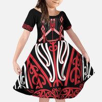 Toitu Te Tiriti Waitangi Family Matching Off Shoulder Maxi Dress and Hawaiian Shirt Black Wharenui House LT9 Daughter's Dress Black - Polynesian Pride