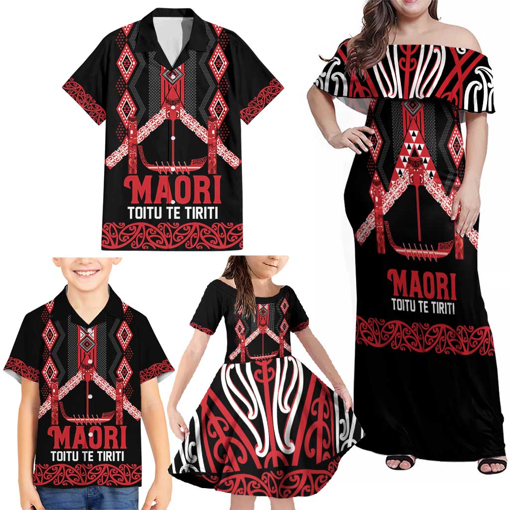 Toitu Te Tiriti Waitangi Family Matching Off Shoulder Maxi Dress and Hawaiian Shirt Black Wharenui House LT9 - Polynesian Pride