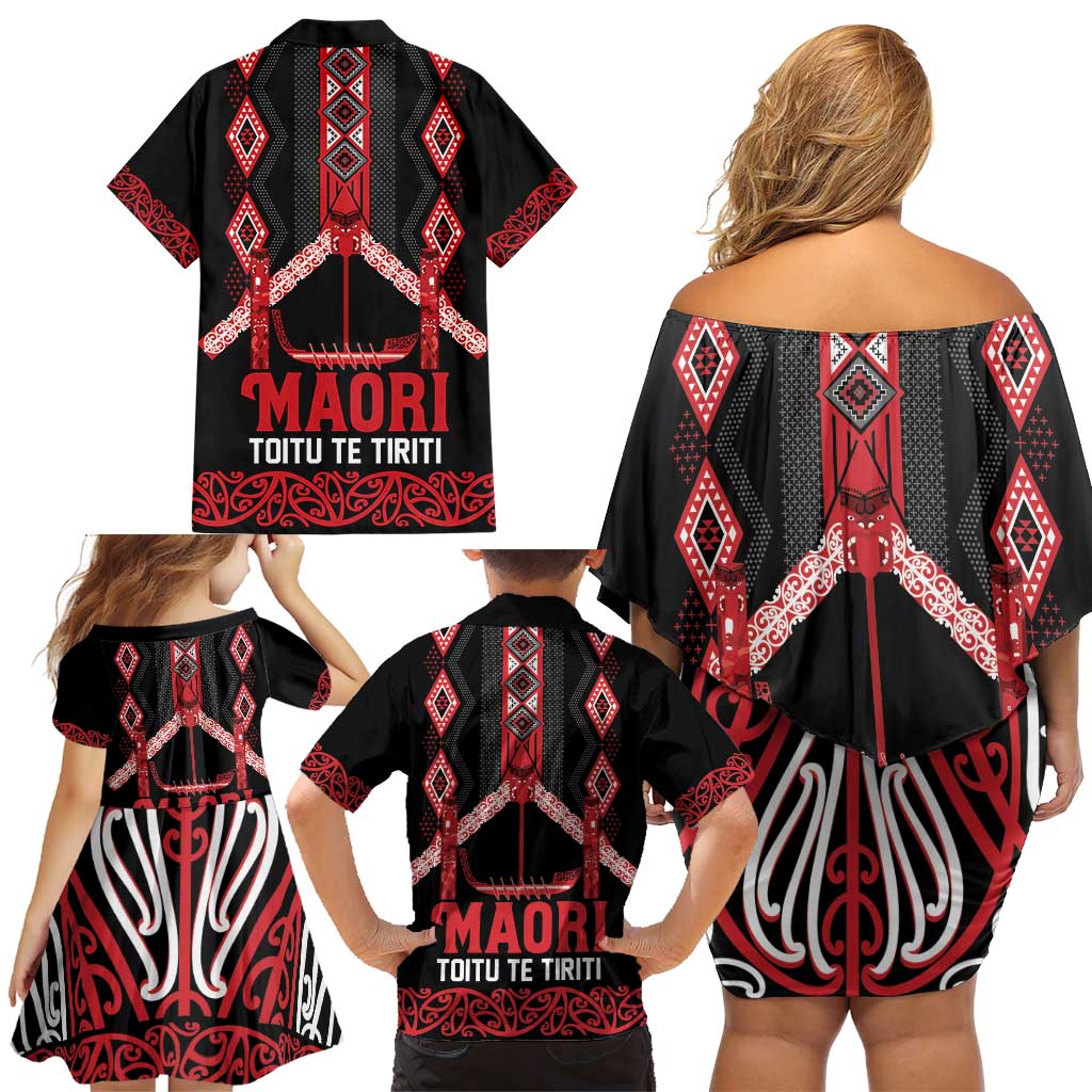 Toitu Te Tiriti Waitangi Family Matching Off Shoulder Short Dress and Hawaiian Shirt Black Wharenui House LT9 - Polynesian Pride