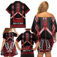 Toitu Te Tiriti Waitangi Family Matching Off Shoulder Short Dress and Hawaiian Shirt Black Wharenui House LT9 - Polynesian Pride