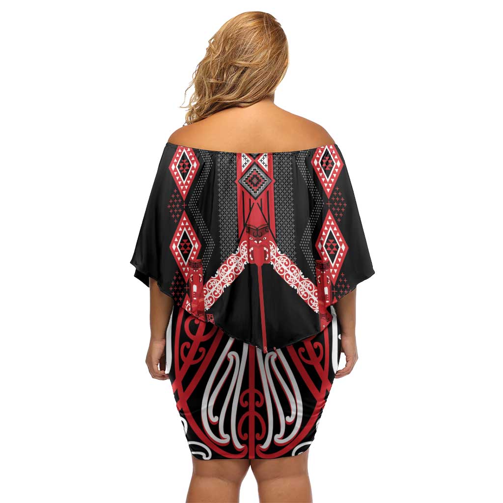 Toitu Te Tiriti Waitangi Family Matching Off Shoulder Short Dress and Hawaiian Shirt Black Wharenui House LT9 - Polynesian Pride