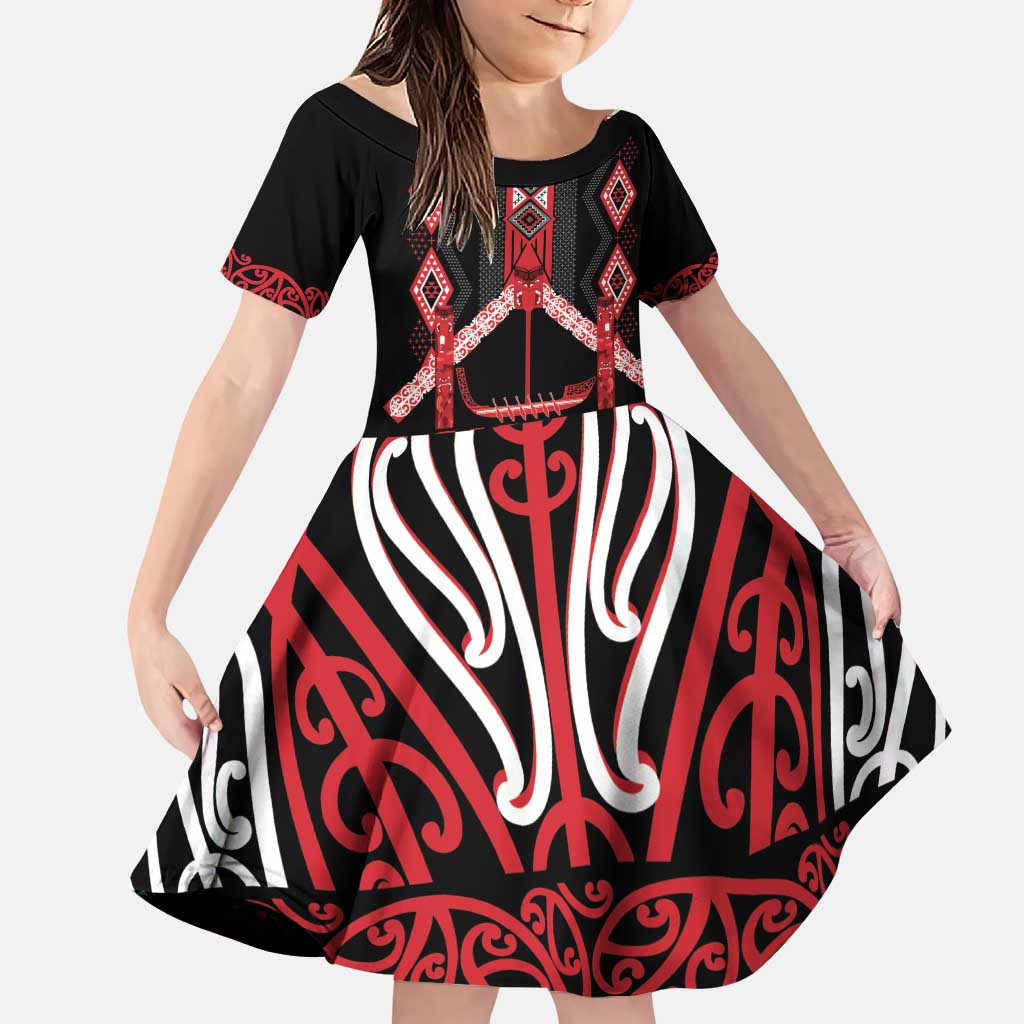 Toitu Te Tiriti Waitangi Family Matching Puletasi and Hawaiian Shirt Black Wharenui House LT9 Daughter's Dress Black - Polynesian Pride