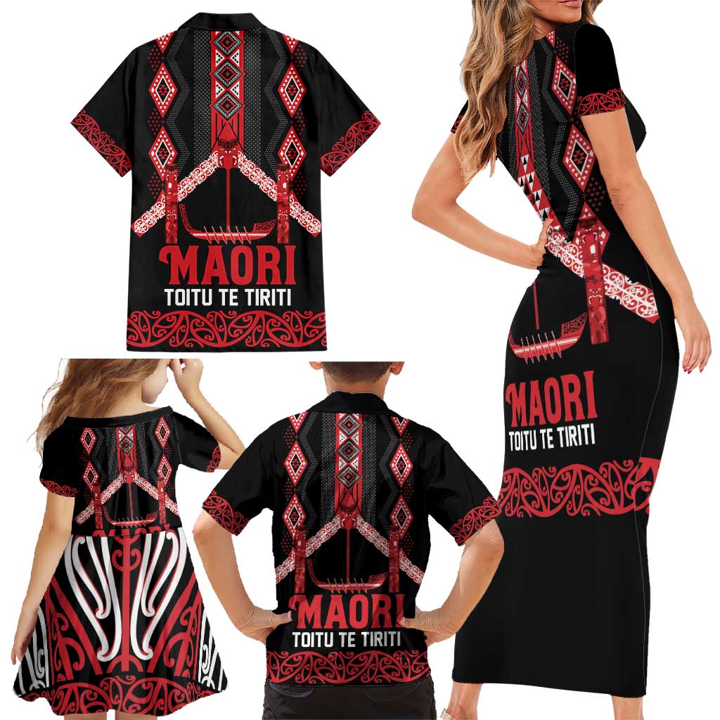 Toitu Te Tiriti Waitangi Family Matching Short Sleeve Bodycon Dress and Hawaiian Shirt Black Wharenui House LT9 - Polynesian Pride