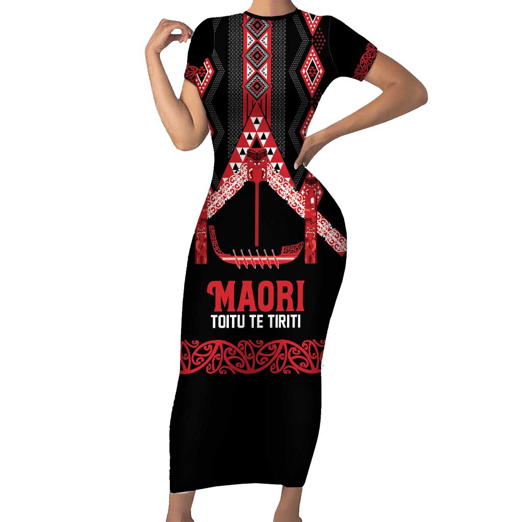 Toitu Te Tiriti Waitangi Family Matching Short Sleeve Bodycon Dress and Hawaiian Shirt Black Wharenui House LT9 Mom's Dress Black - Polynesian Pride