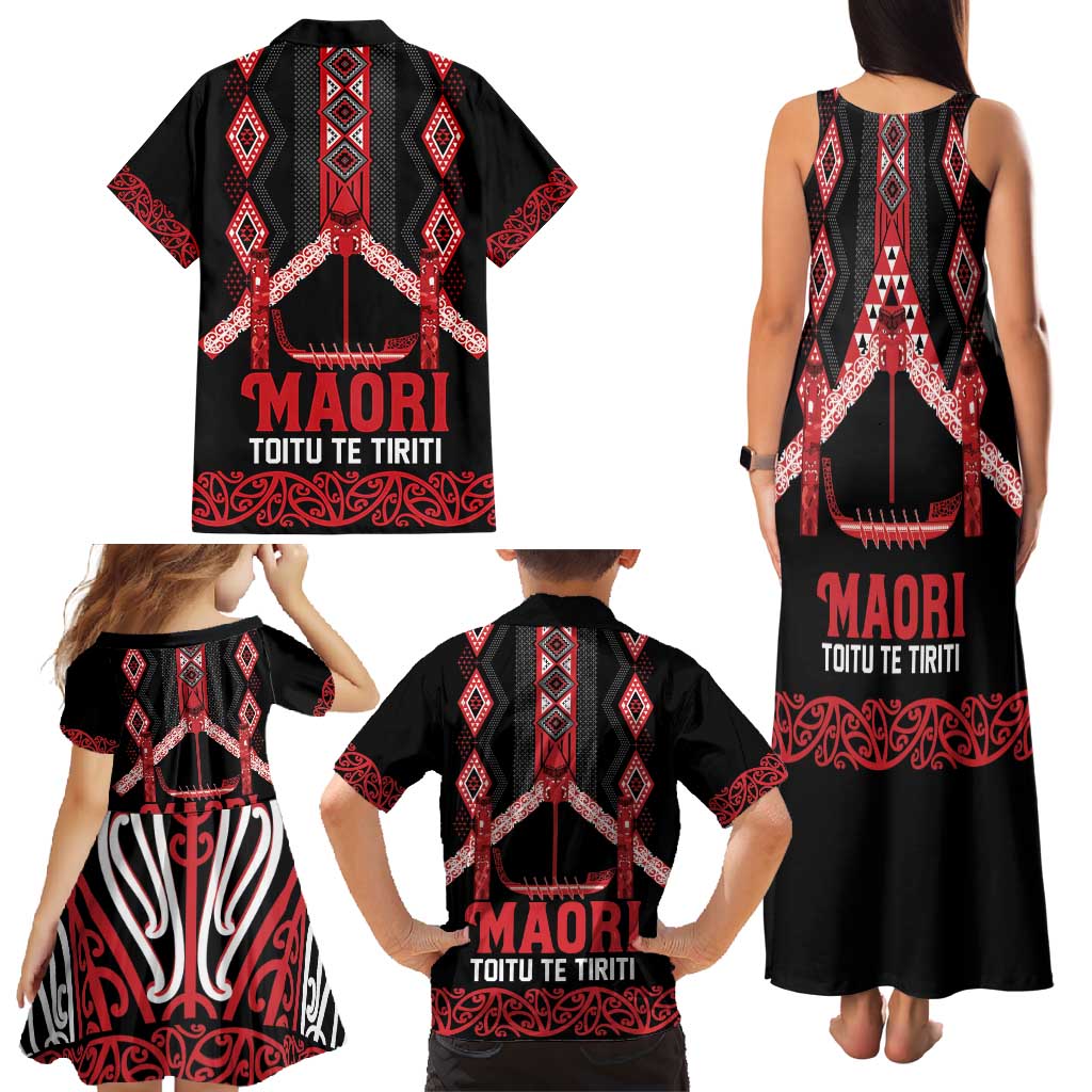 Toitu Te Tiriti Waitangi Family Matching Tank Maxi Dress and Hawaiian Shirt Black Wharenui House LT9 - Polynesian Pride