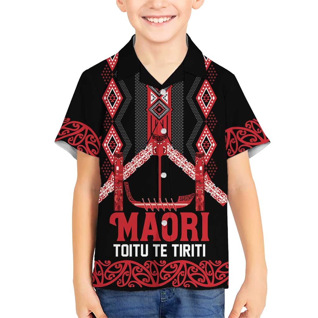 Toitu Te Tiriti Waitangi Kid Hawaiian Shirt Black Wharenui House - Polynesian Pride