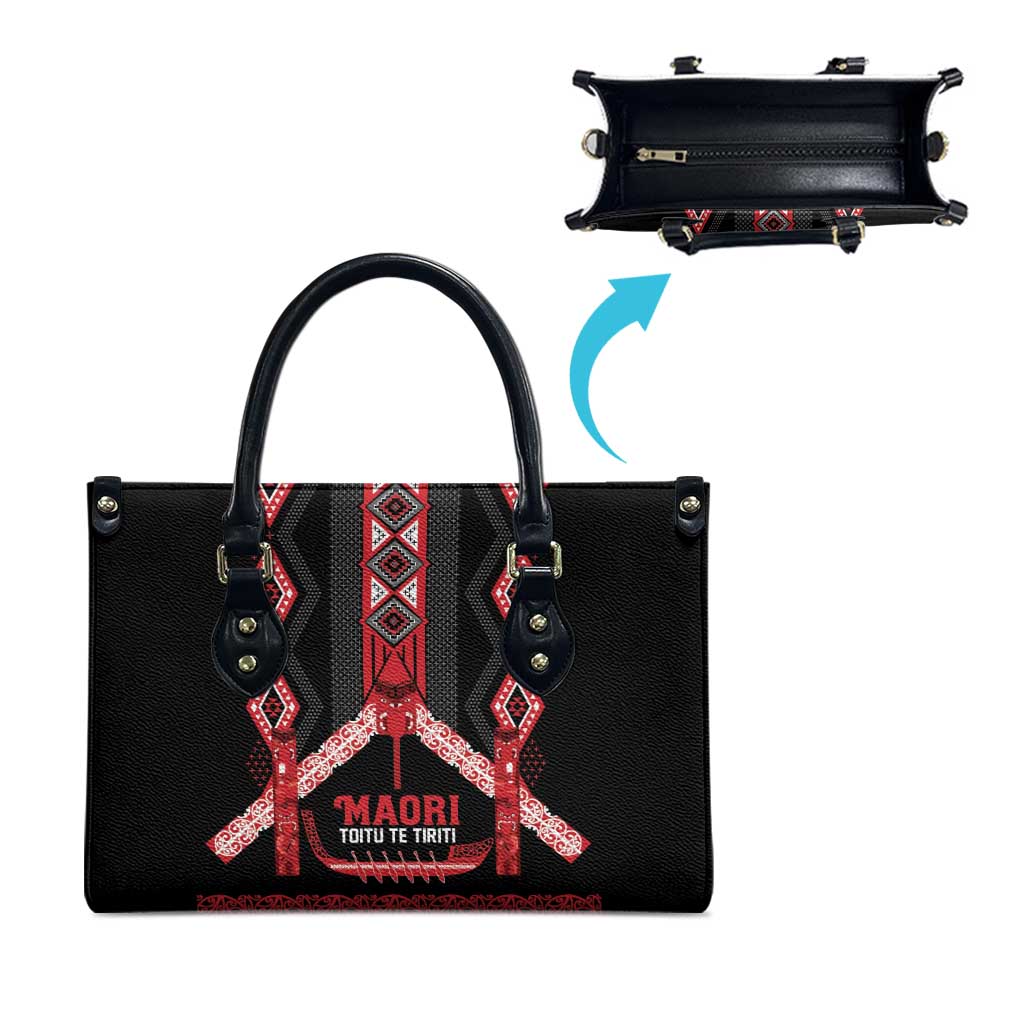 Toitu Te Tiriti Waitangi Leather Bag Black Wharenui House - Polynesian Pride