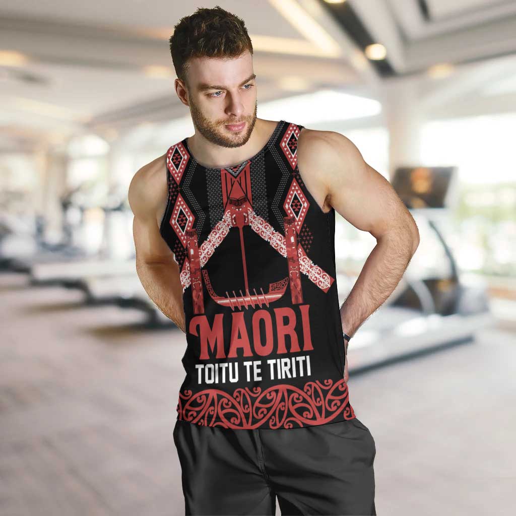 Toitu Te Tiriti Waitangi Men Tank Top Black Wharenui House LT9 Black - Polynesian Pride