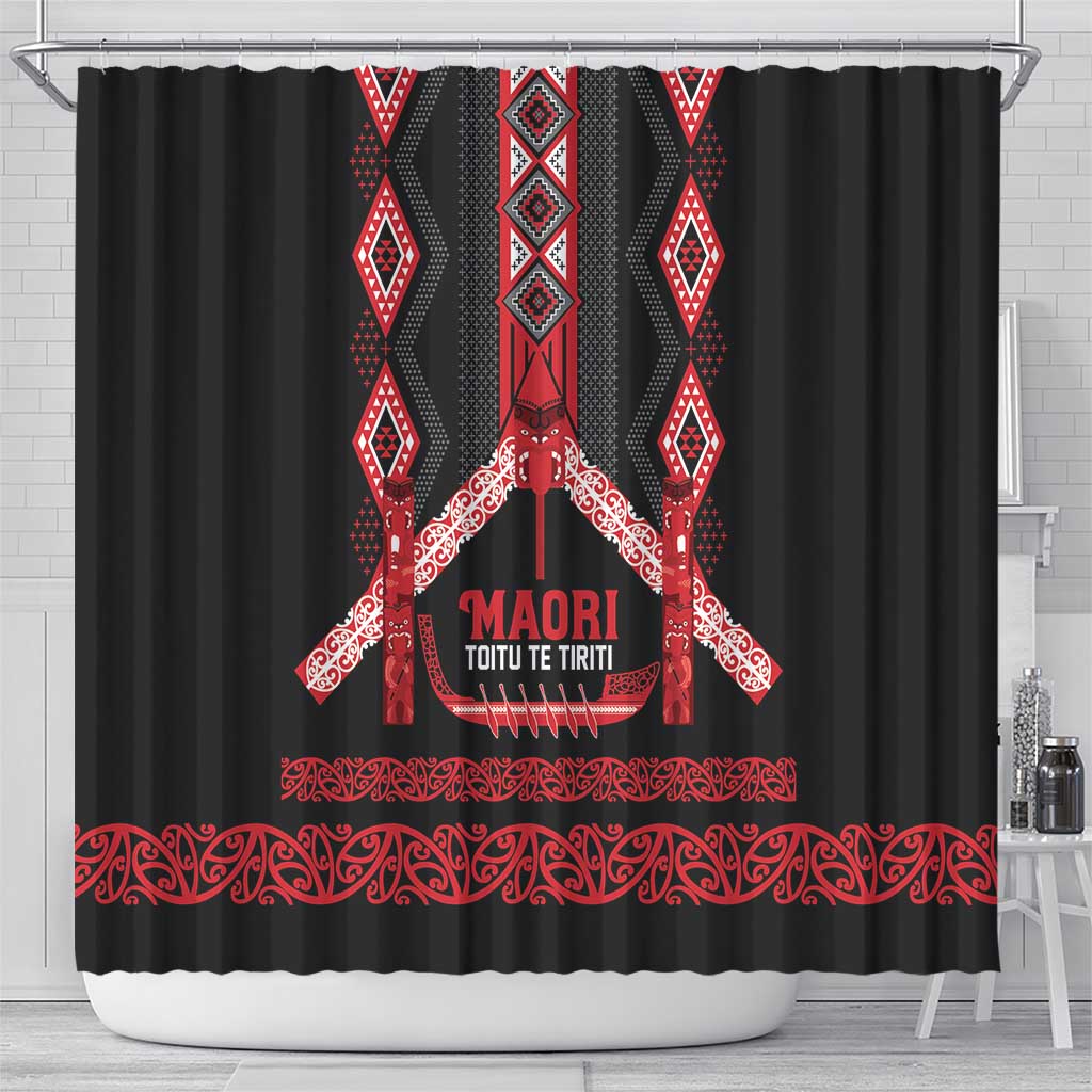 Toitu Te Tiriti Waitangi Shower Curtain Black Wharenui House - Polynesian Pride