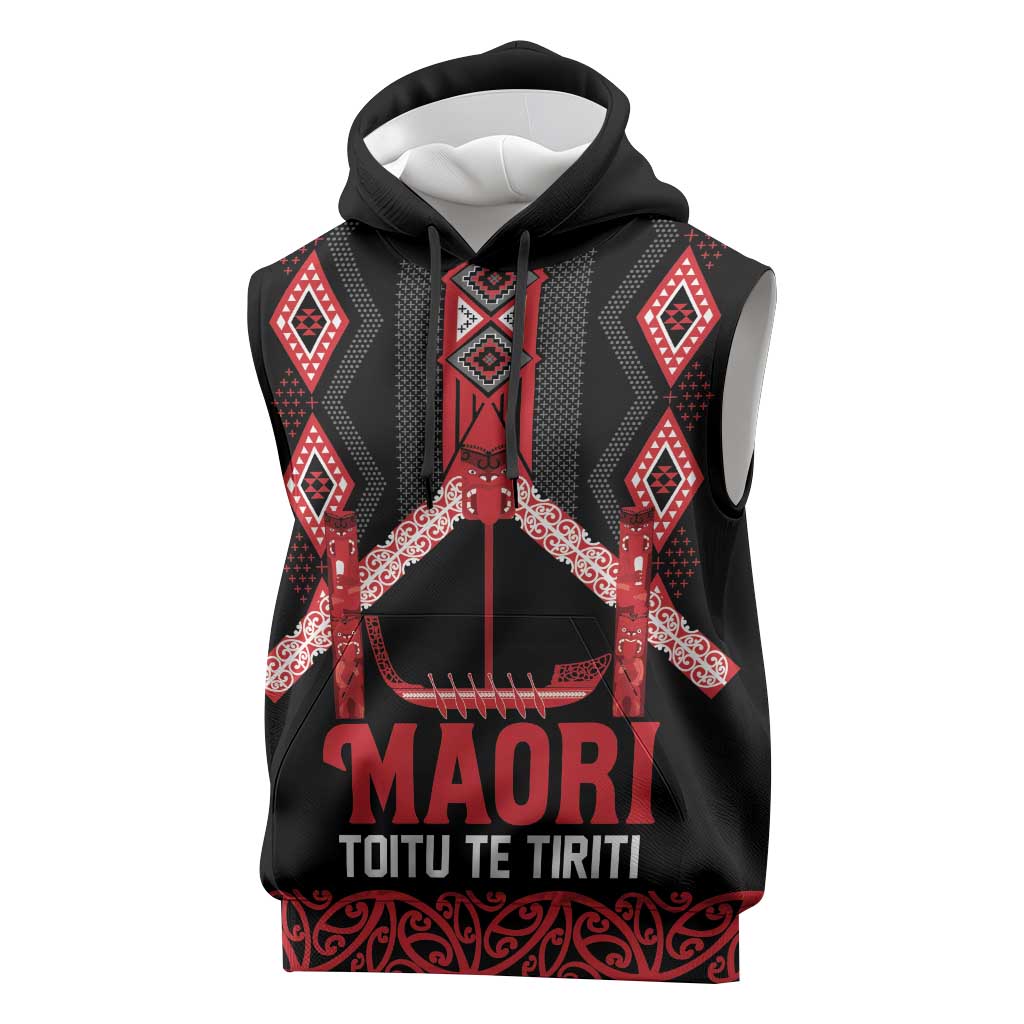 Toitu Te Tiriti Waitangi Sleeveless Hoodie Black Wharenui House - Polynesian Pride