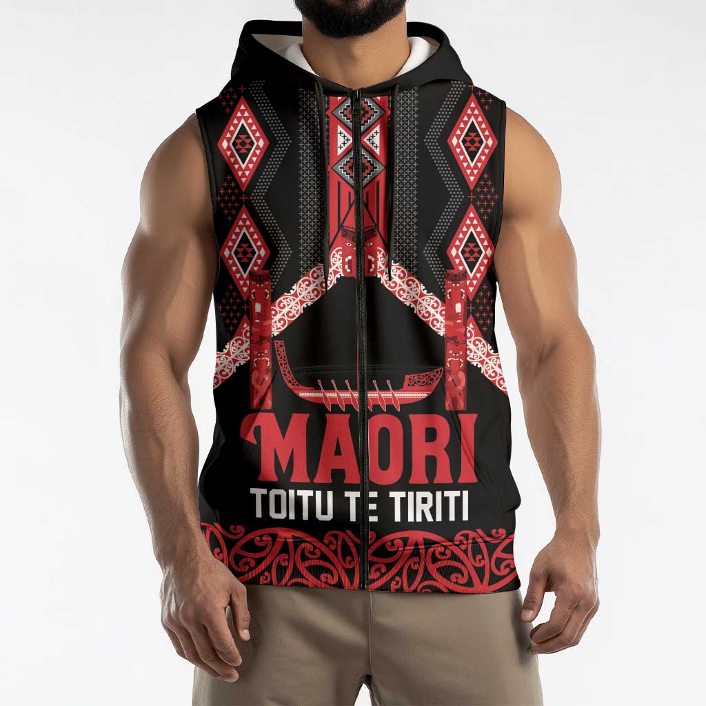 Toitu Te Tiriti Waitangi Sleeveless Zip Hoodie Black Wharenui House - Polynesian Pride