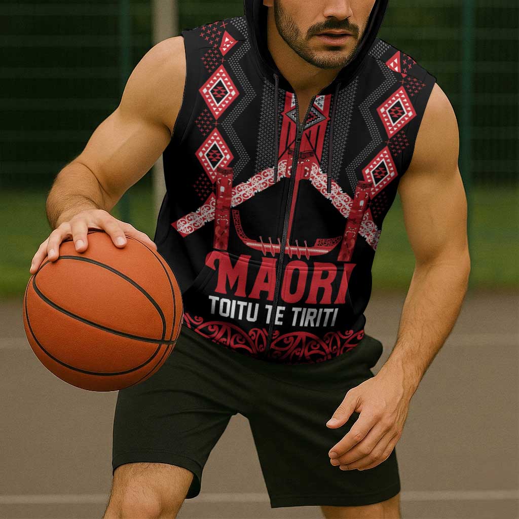 Toitu Te Tiriti Waitangi Sleeveless Zip Hoodie Black Wharenui House - Polynesian Pride