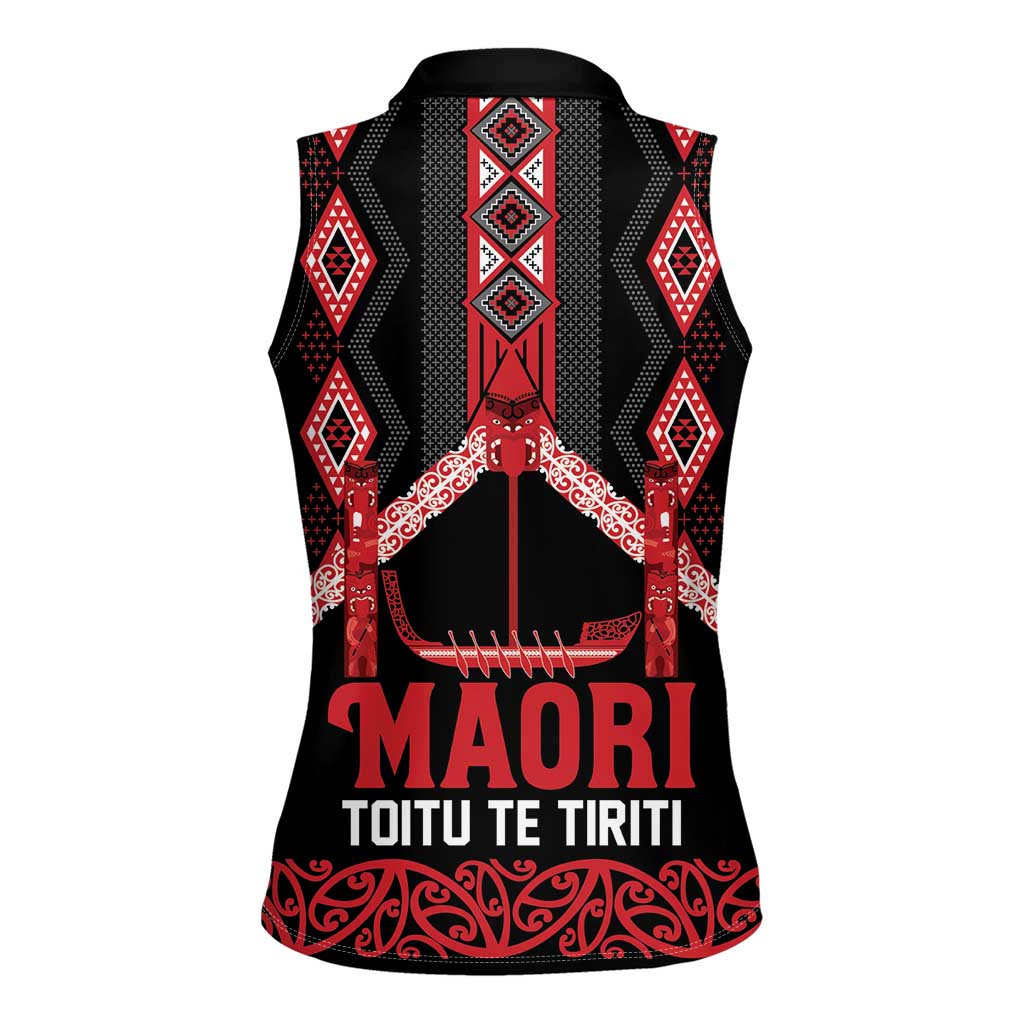 Toitu Te Tiriti Waitangi Women Sleeveless Polo Shirt Black Wharenui House - Polynesian Pride