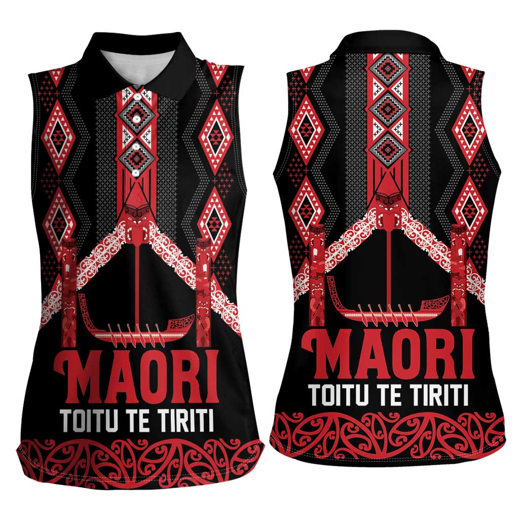 Toitu Te Tiriti Waitangi Women Sleeveless Polo Shirt Black Wharenui House - Polynesian Pride