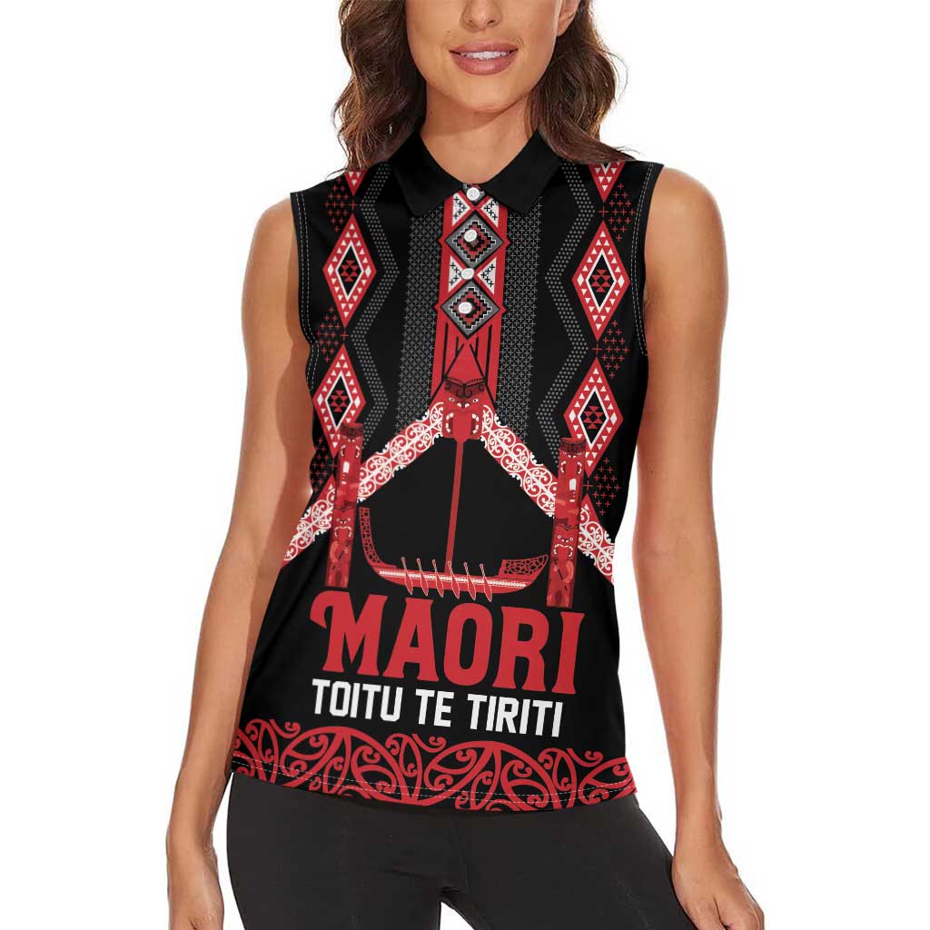 Toitu Te Tiriti Waitangi Women Sleeveless Polo Shirt Black Wharenui House - Polynesian Pride