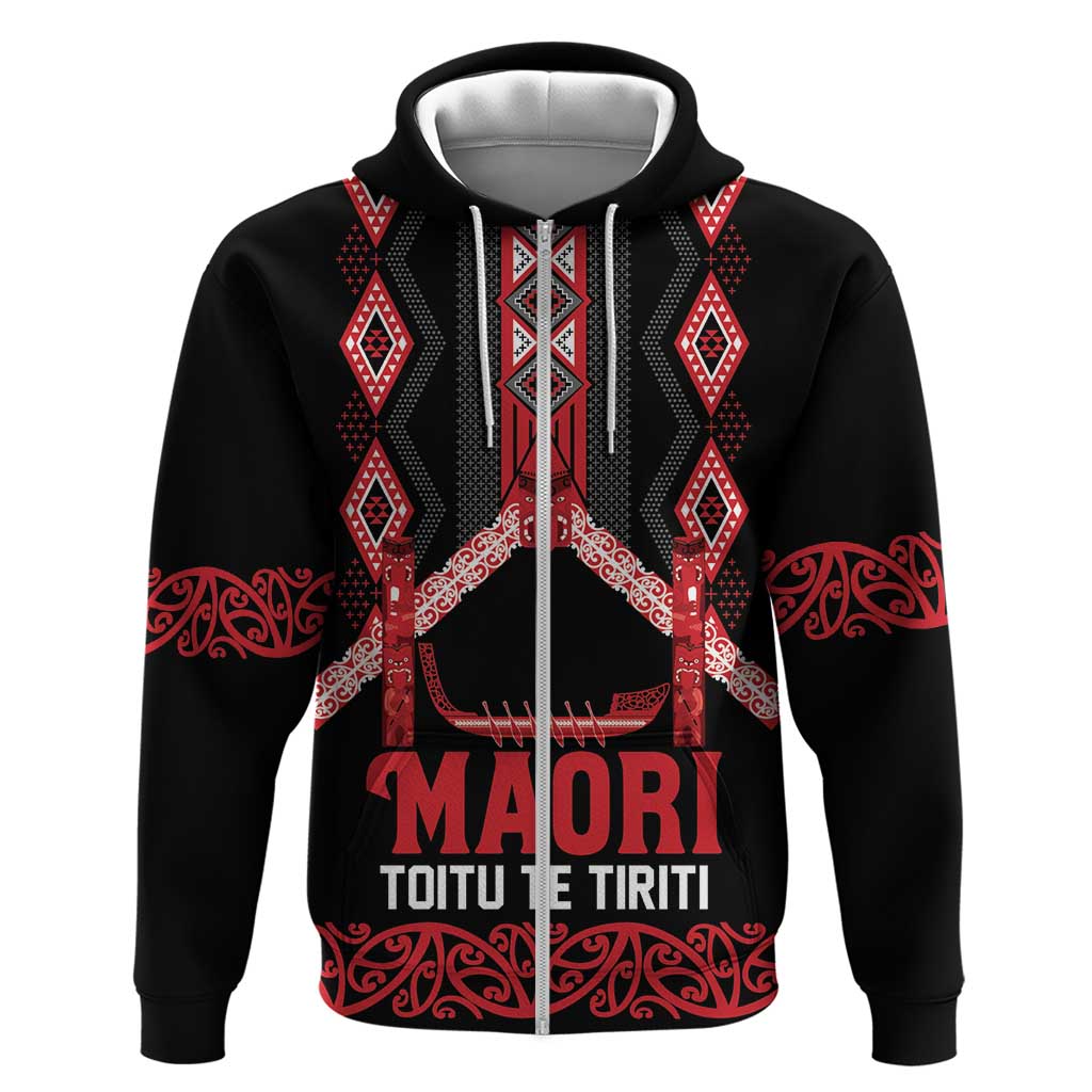 Toitu Te Tiriti Waitangi Zip Hoodie Black Wharenui House - Polynesian Pride
