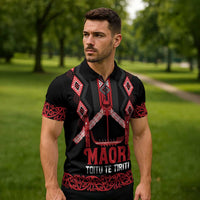 Toitu Te Tiriti Waitangi Zipper Polo Shirt Black Wharenui House - Polynesian Pride