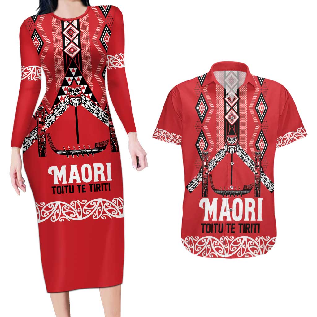 Toitu Te Tiriti Waitangi Couples Matching Long Sleeve Bodycon Dress and Hawaiian Shirt Red Wharenui House - Polynesian Pride