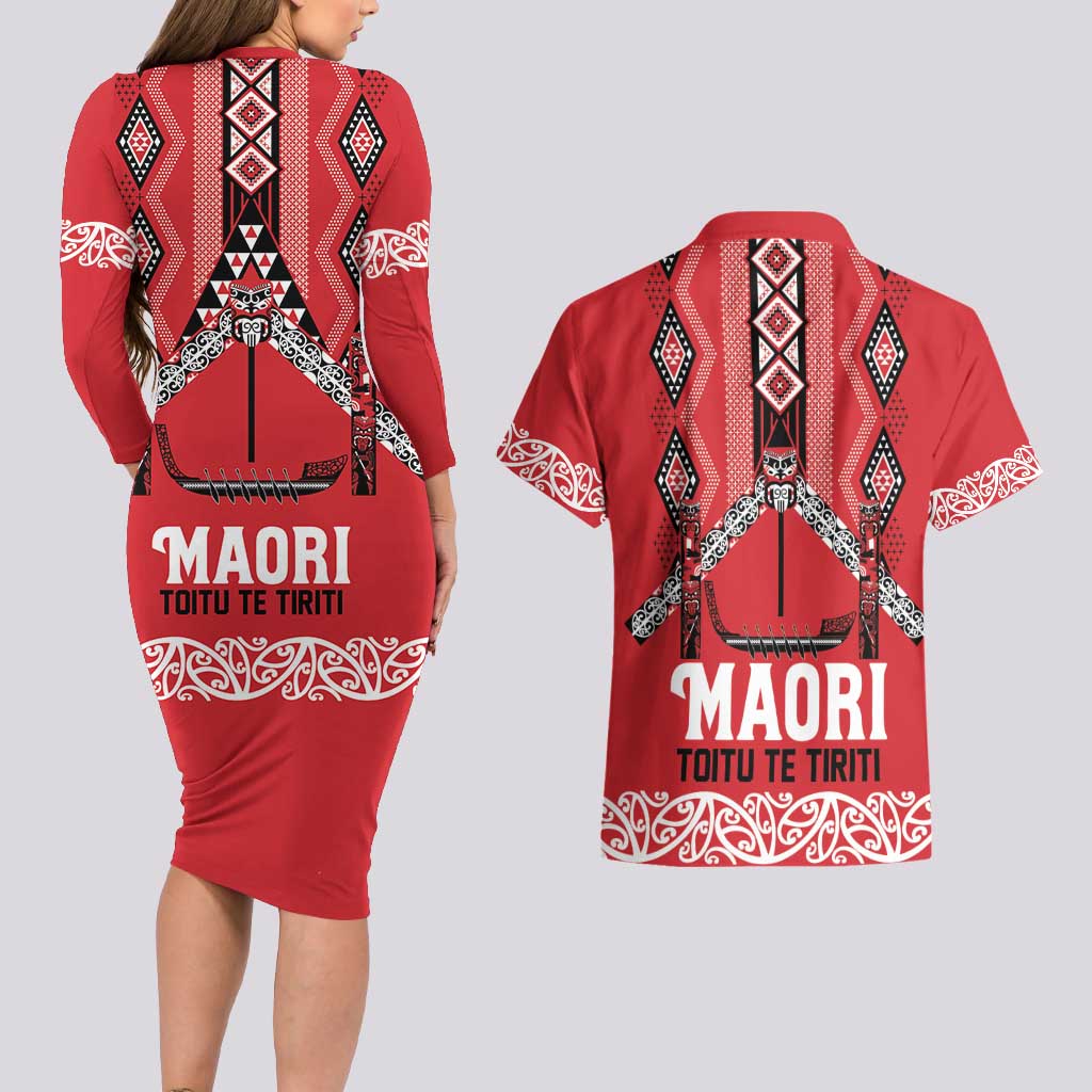 Toitu Te Tiriti Waitangi Couples Matching Long Sleeve Bodycon Dress and Hawaiian Shirt Red Wharenui House LT9 - Polynesian Pride
