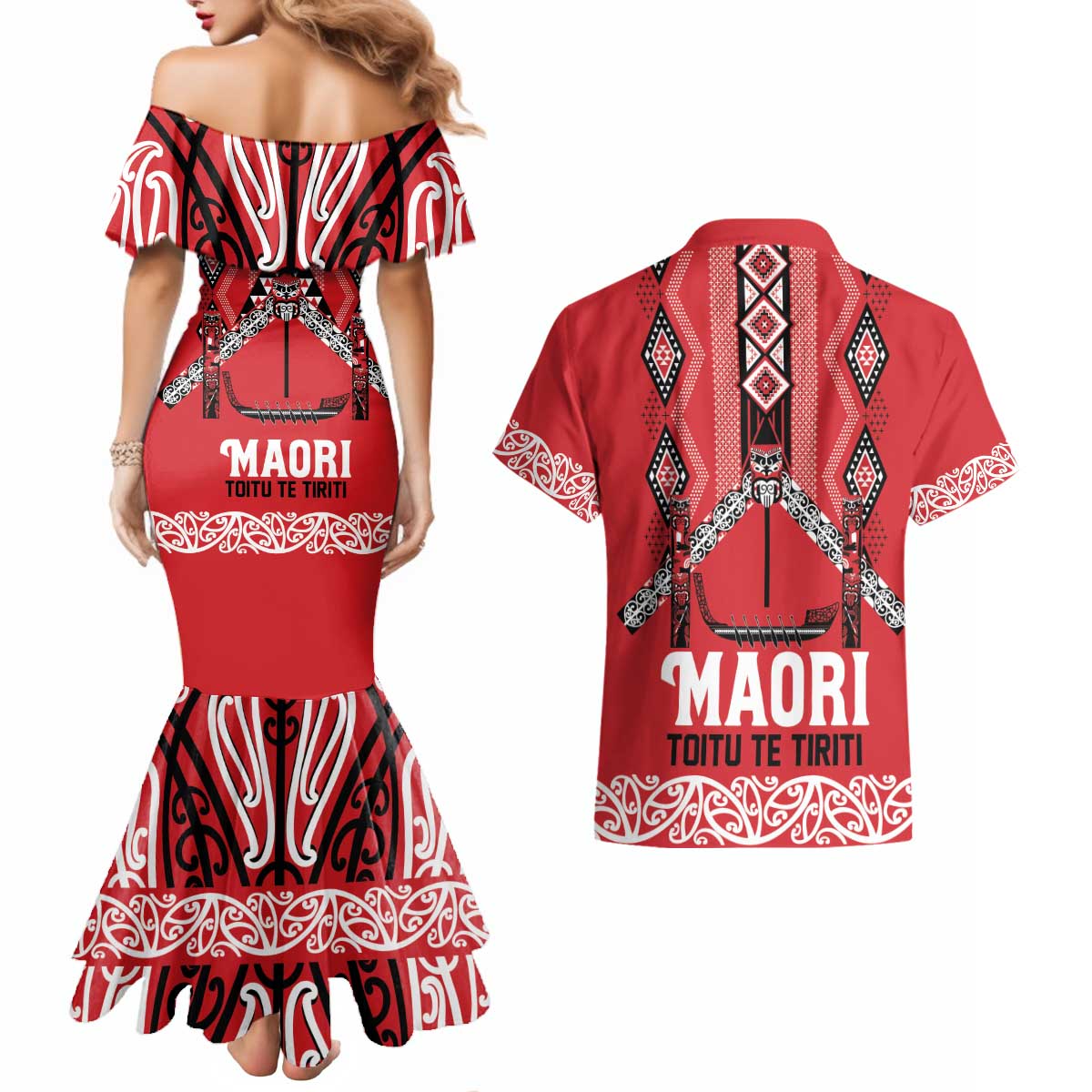 Toitu Te Tiriti Waitangi Couples Matching Mermaid Dress and Hawaiian Shirt Red Wharenui House LT9 - Polynesian Pride
