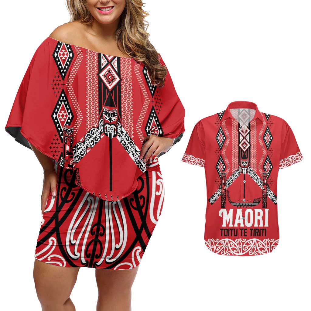 Toitu Te Tiriti Waitangi Couples Matching Off Shoulder Short Dress and Hawaiian Shirt Red Wharenui House LT9 Red - Polynesian Pride