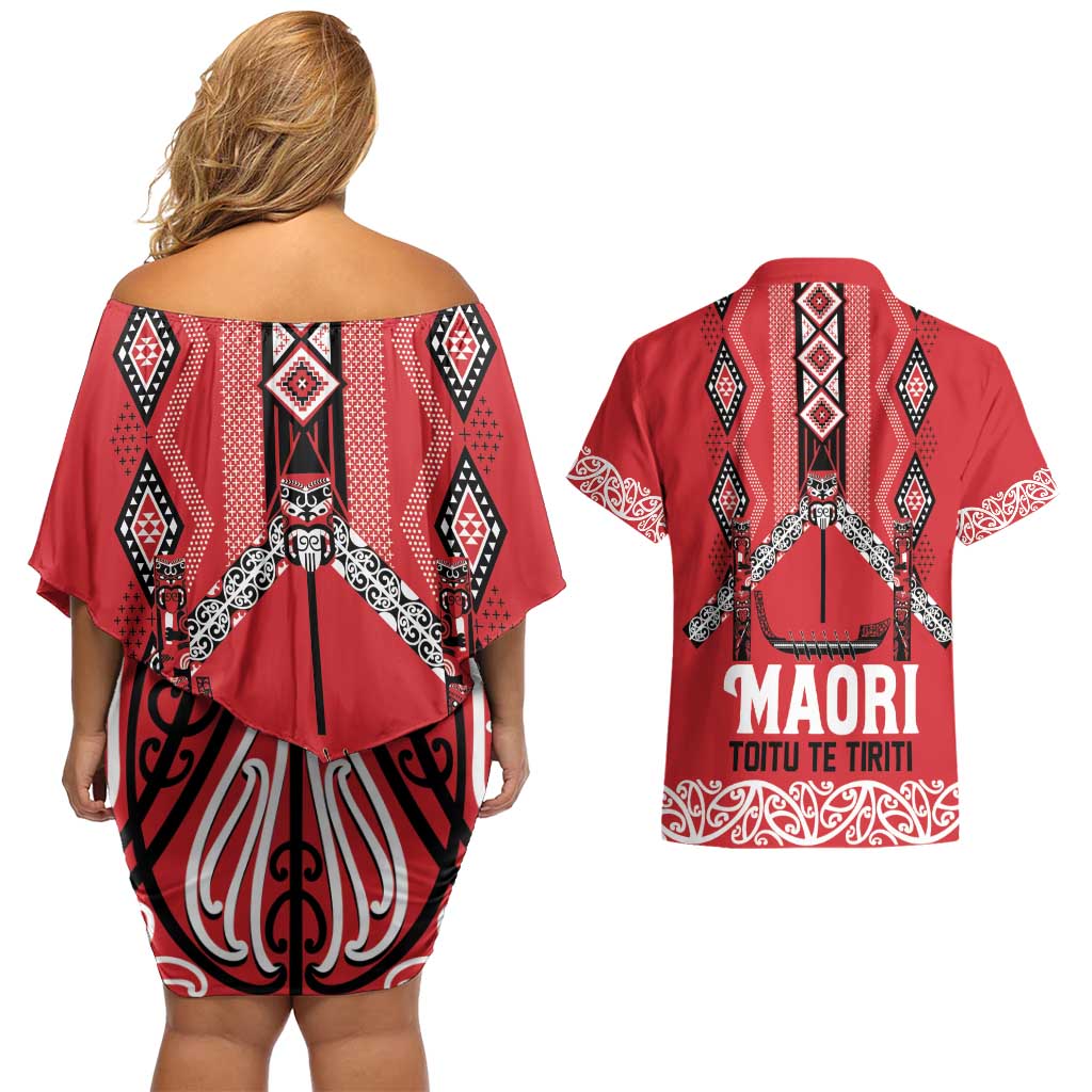 Toitu Te Tiriti Waitangi Couples Matching Off Shoulder Short Dress and Hawaiian Shirt Red Wharenui House LT9 - Polynesian Pride