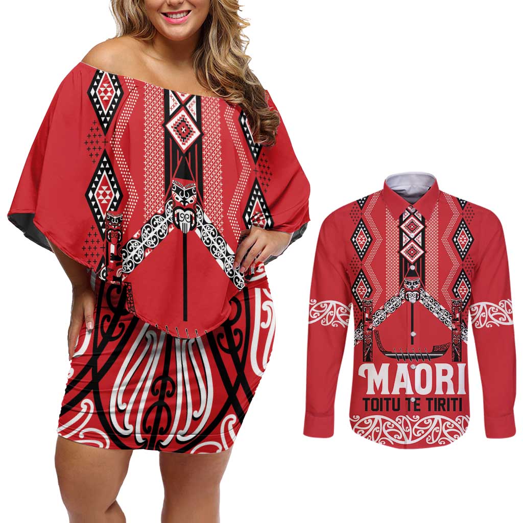 Toitu Te Tiriti Waitangi Couples Matching Off Shoulder Short Dress and Long Sleeve Button Shirt Red Wharenui House - Polynesian Pride