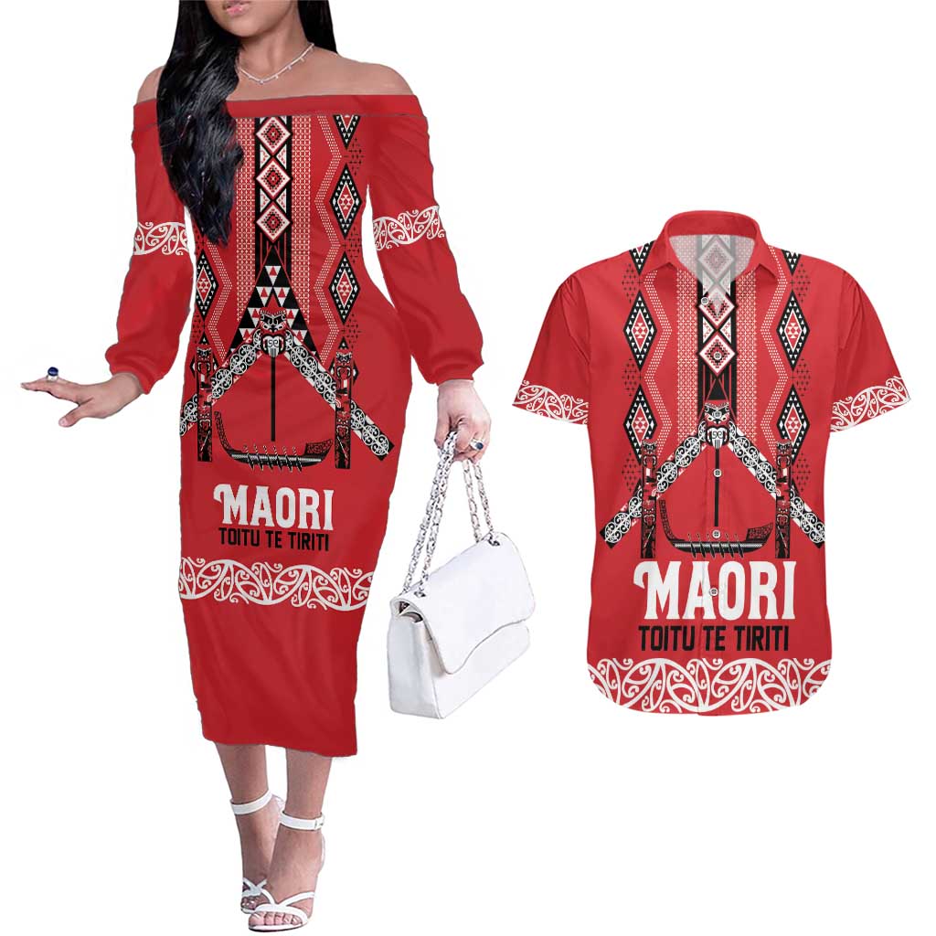 Toitu Te Tiriti Waitangi Couples Matching Off The Shoulder Long Sleeve Dress and Hawaiian Shirt Red Wharenui House LT9 Red - Polynesian Pride