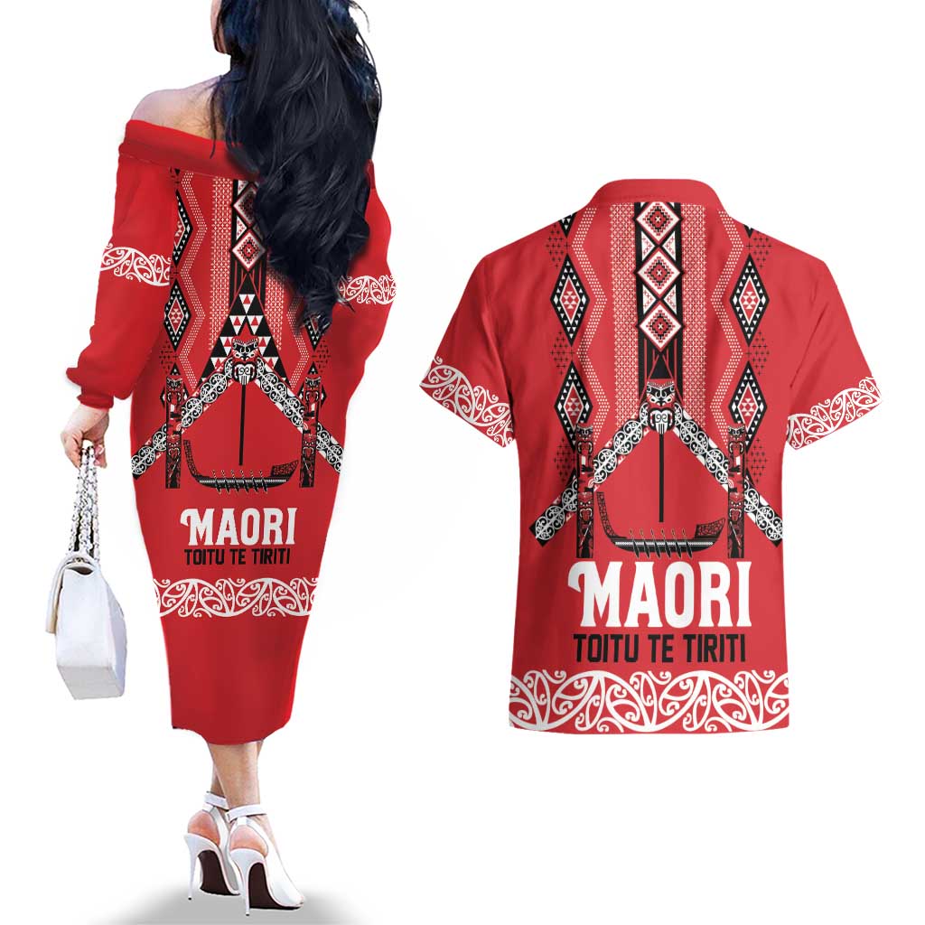 Toitu Te Tiriti Waitangi Couples Matching Off The Shoulder Long Sleeve Dress and Hawaiian Shirt Red Wharenui House LT9 - Polynesian Pride