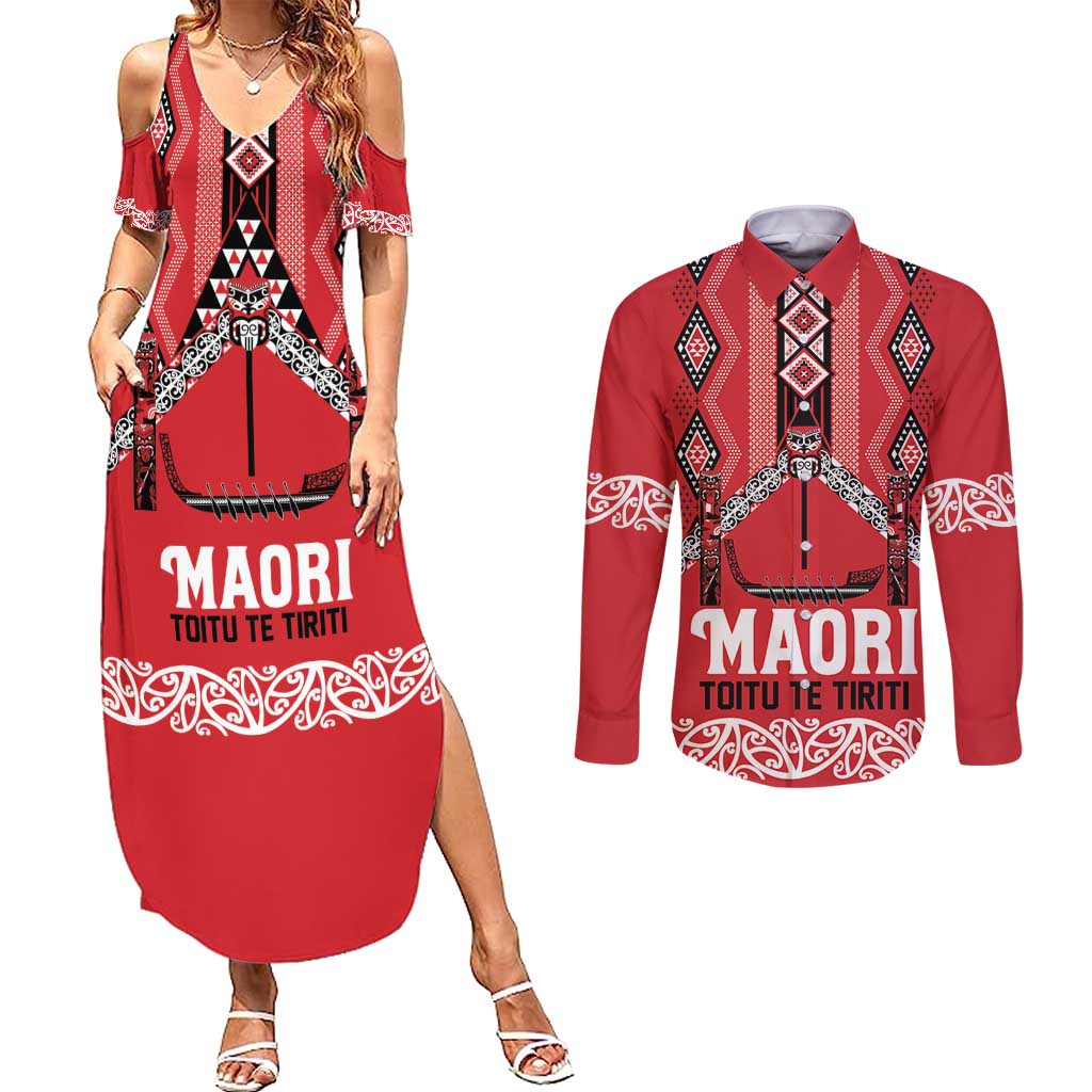 Toitu Te Tiriti Waitangi Couples Matching Summer Maxi Dress and Long Sleeve Button Shirt Red Wharenui House - Polynesian Pride