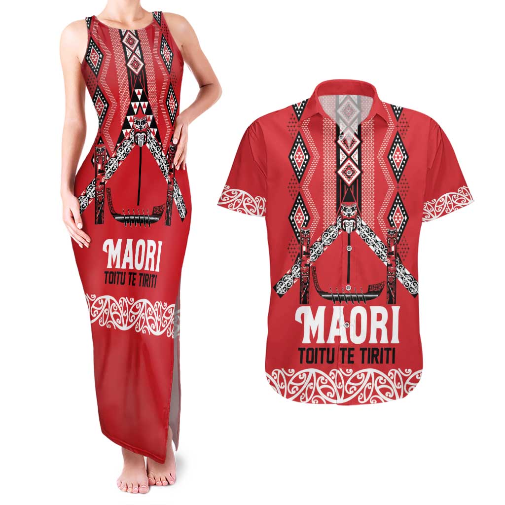 Toitu Te Tiriti Waitangi Couples Matching Tank Maxi Dress and Hawaiian Shirt Red Wharenui House - Polynesian Pride