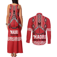 Toitu Te Tiriti Waitangi Couples Matching Tank Maxi Dress and Long Sleeve Button Shirt Red Wharenui House - Polynesian Pride