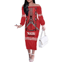 Toitu Te Tiriti Waitangi Family Matching Off The Shoulder Long Sleeve Dress and Hawaiian Shirt Red Wharenui House LT9 Mom's Dress Red - Polynesian Pride
