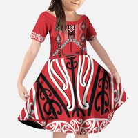 Toitu Te Tiriti Waitangi Family Matching Off Shoulder Maxi Dress and Hawaiian Shirt Red Wharenui House LT9 Daughter's Dress Red - Polynesian Pride