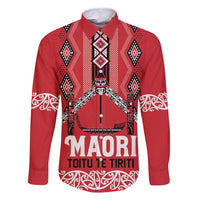 Toitu Te Tiriti Waitangi Family Matching Off Shoulder Maxi Dress and Hawaiian Shirt Red Wharenui House LT9 Dad's Shirt - Long Sleeve Red - Polynesian Pride