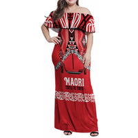 Toitu Te Tiriti Waitangi Family Matching Off Shoulder Maxi Dress and Hawaiian Shirt Red Wharenui House LT9 Mom's Dress Red - Polynesian Pride