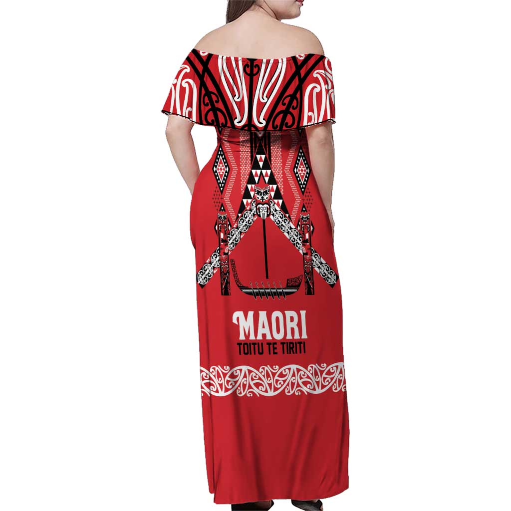 Toitu Te Tiriti Waitangi Family Matching Off Shoulder Maxi Dress and Hawaiian Shirt Red Wharenui House LT9 - Polynesian Pride