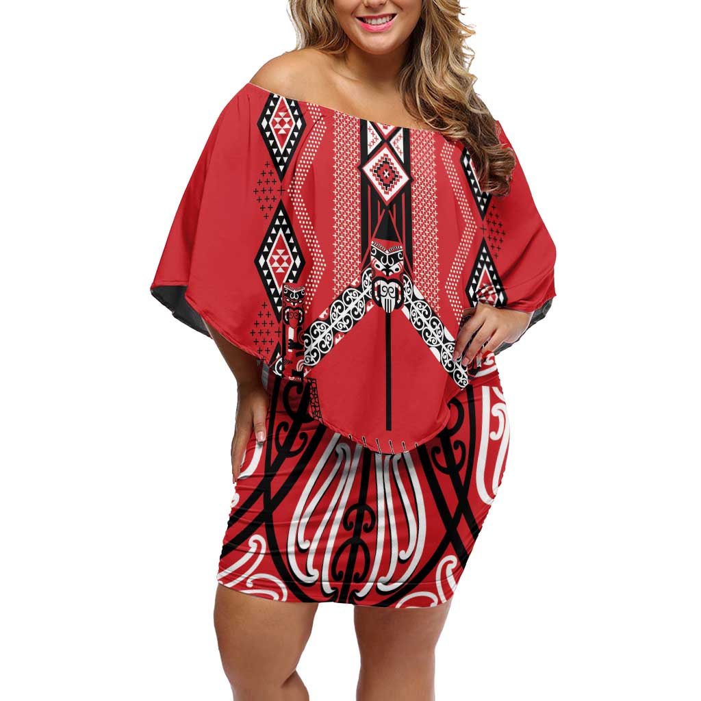 Toitu Te Tiriti Waitangi Family Matching Off Shoulder Short Dress and Hawaiian Shirt Red Wharenui House LT9 Mom's Dress Red - Polynesian Pride