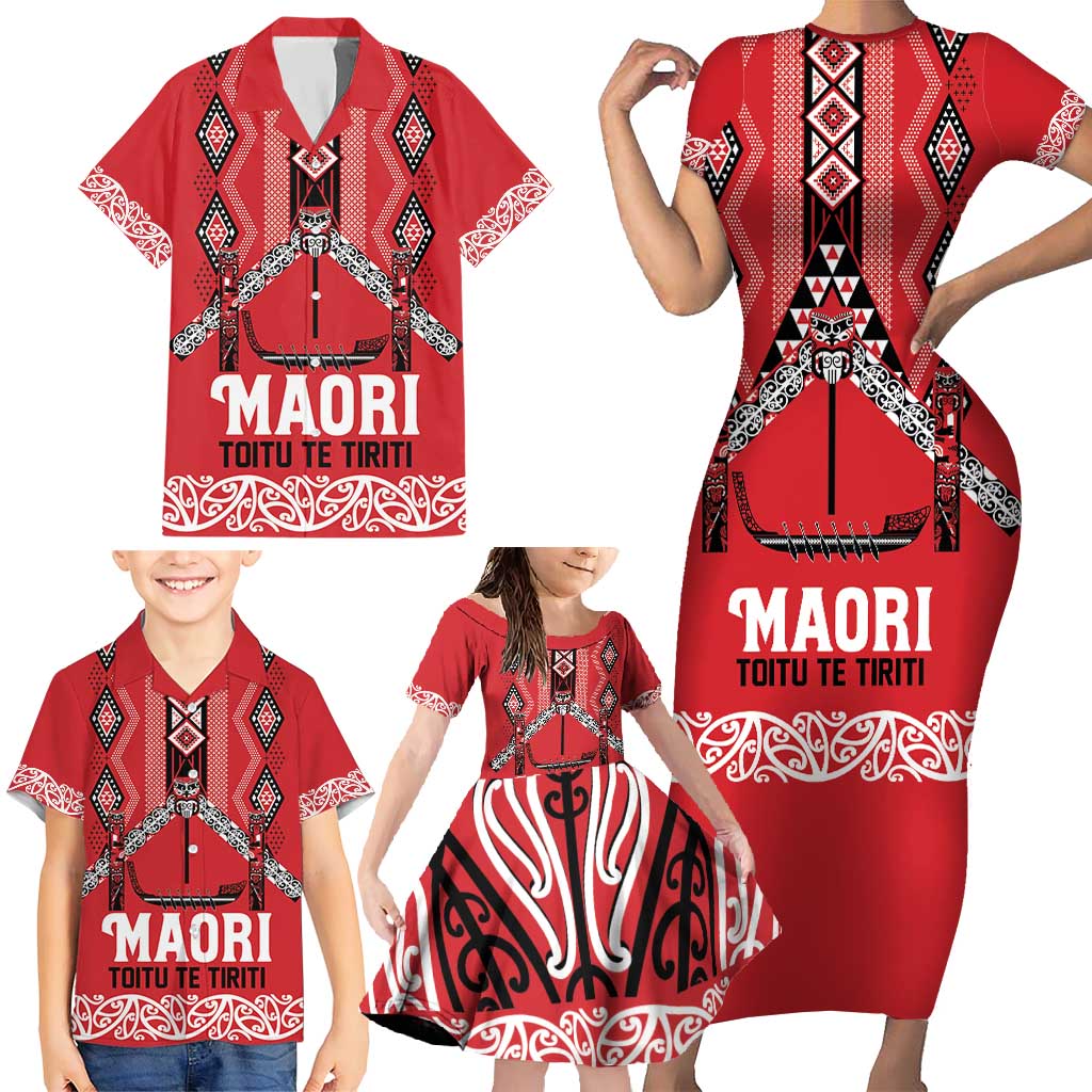 Toitu Te Tiriti Waitangi Family Matching Short Sleeve Bodycon Dress and Hawaiian Shirt Red Wharenui House LT9 - Polynesian Pride