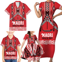 Toitu Te Tiriti Waitangi Family Matching Short Sleeve Bodycon Dress and Hawaiian Shirt Red Wharenui House LT9 - Polynesian Pride