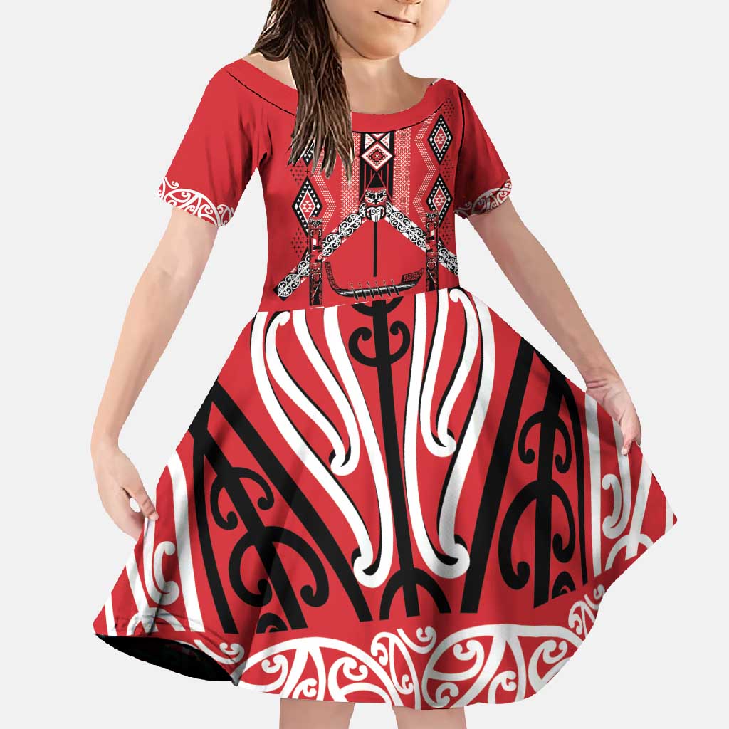 Toitu Te Tiriti Waitangi Family Matching Summer Maxi Dress and Hawaiian Shirt Red Wharenui House LT9 Daughter's Dress Red - Polynesian Pride