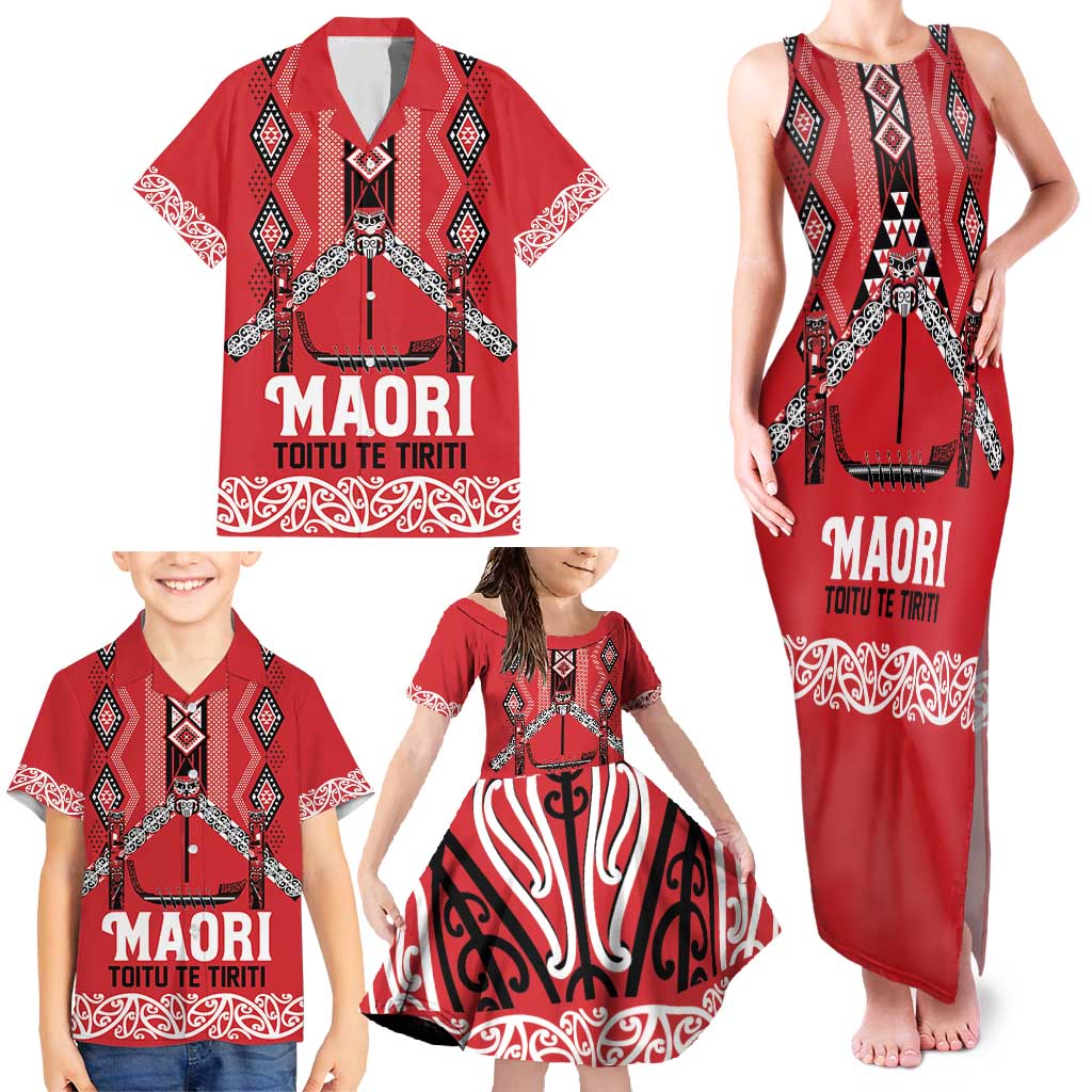 Toitu Te Tiriti Waitangi Family Matching Tank Maxi Dress and Hawaiian Shirt Red Wharenui House LT9 - Polynesian Pride